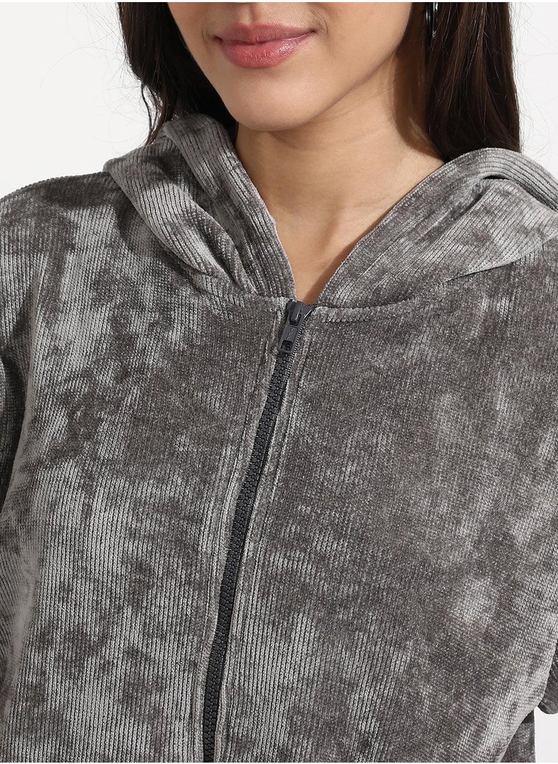 Women's Dark Grey Ribbed Hoodie With Zip-Closure
