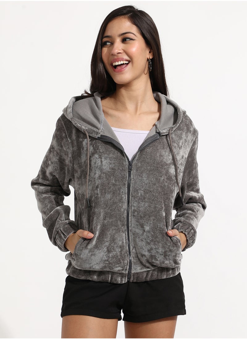 Women's Dark Grey Ribbed Hoodie With Zip-Closure