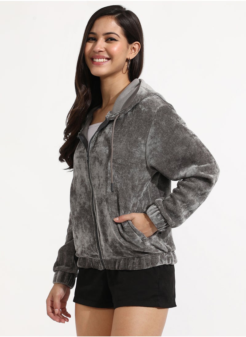 Women's Dark Grey Ribbed Hoodie With Zip-Closure