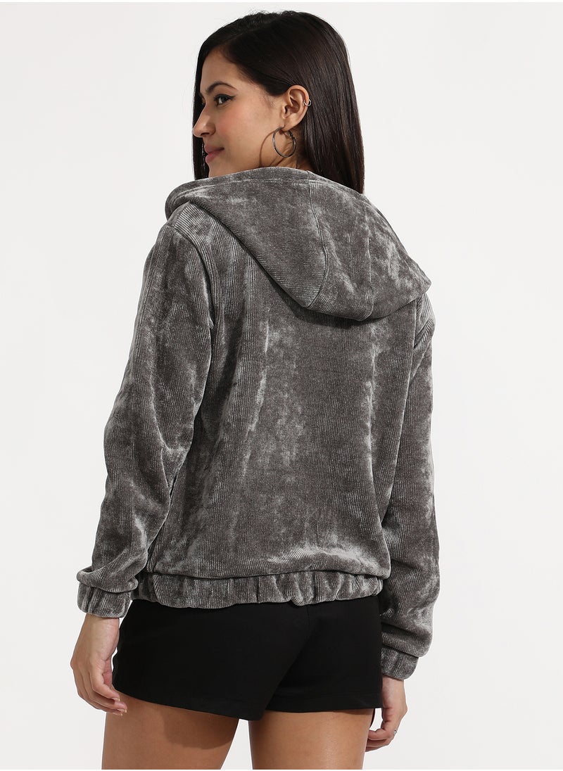 Women's Dark Grey Ribbed Hoodie With Zip-Closure