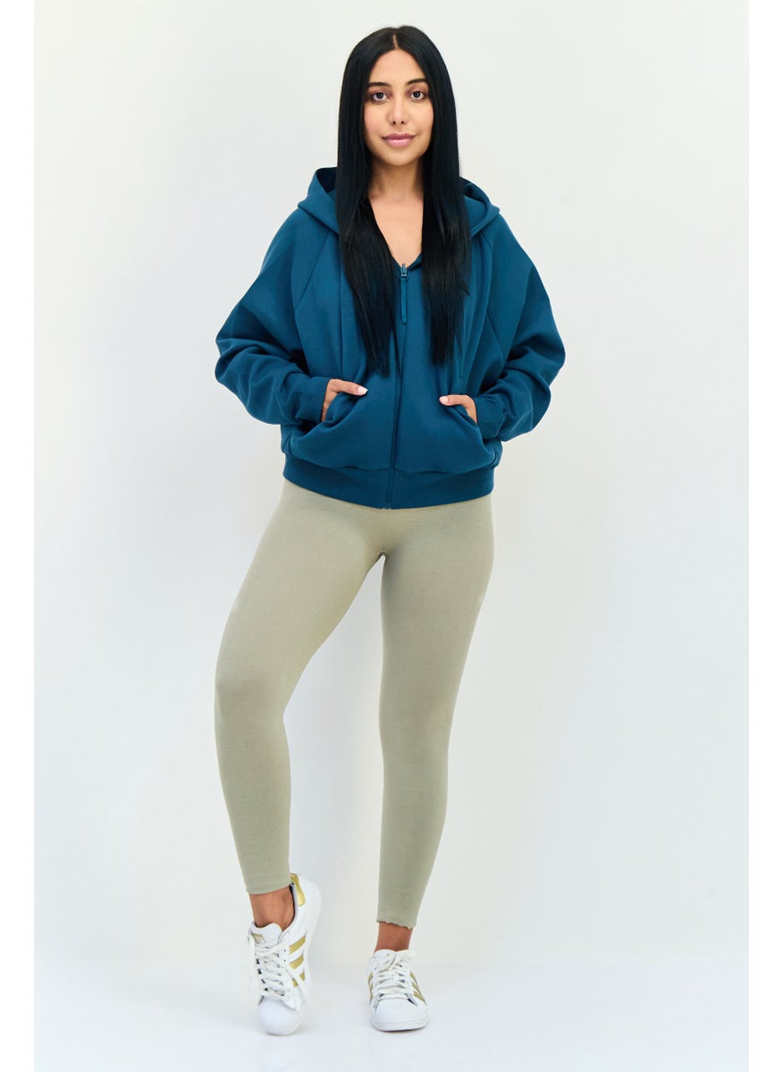 Women Sportswear Fit Long Sleeve Outdoor Hoodie, Dark Teal Blue
