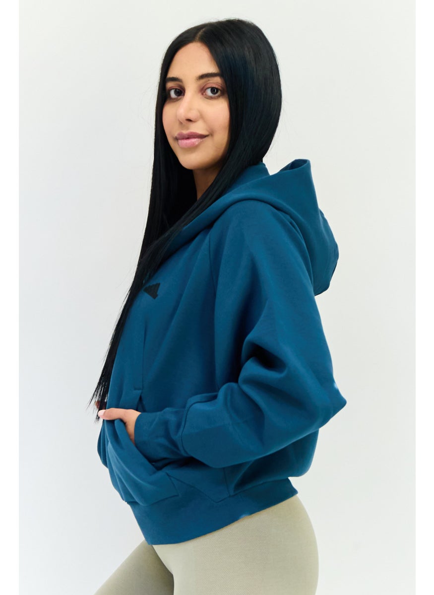 Women Sportswear Fit Long Sleeve Outdoor Hoodie, Dark Teal Blue