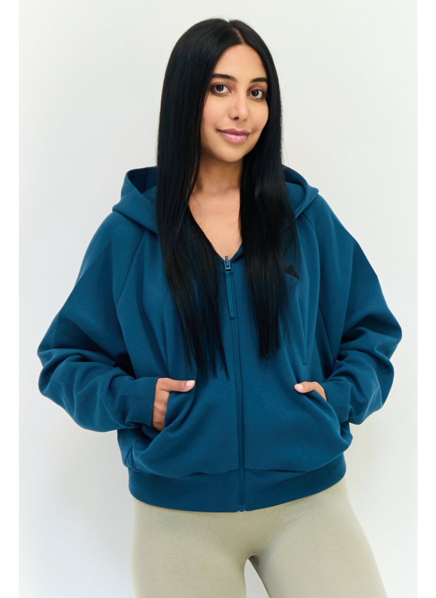 Women Sportswear Fit Long Sleeve Outdoor Hoodie, Dark Teal Blue