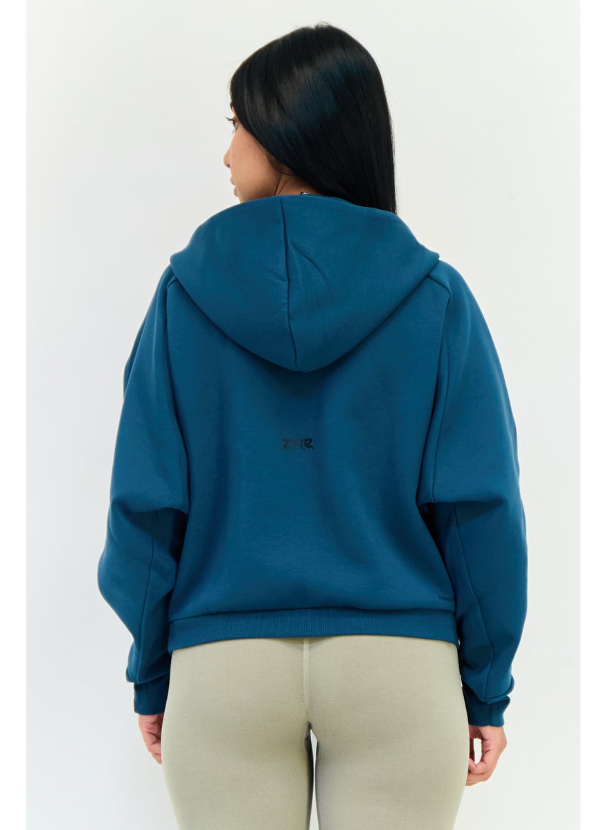 Women Sportswear Fit Long Sleeve Outdoor Hoodie, Dark Teal Blue