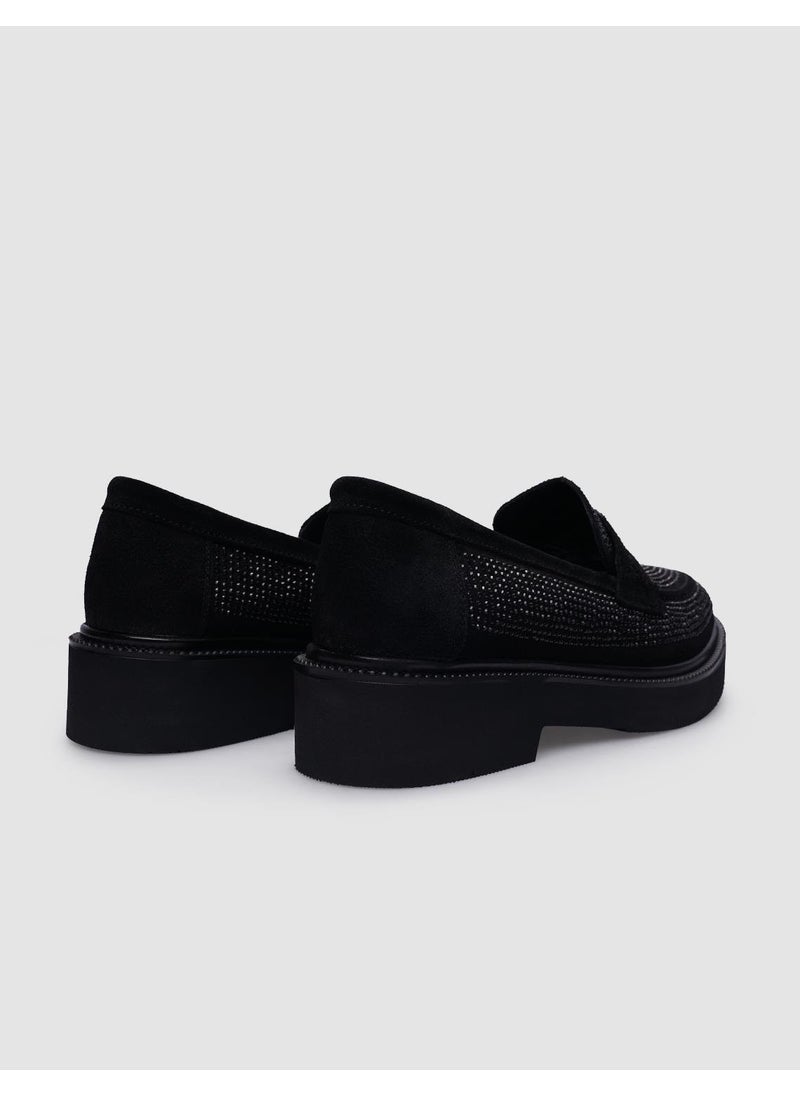 Leather Black Suede Stone Detailed Women's Shoes