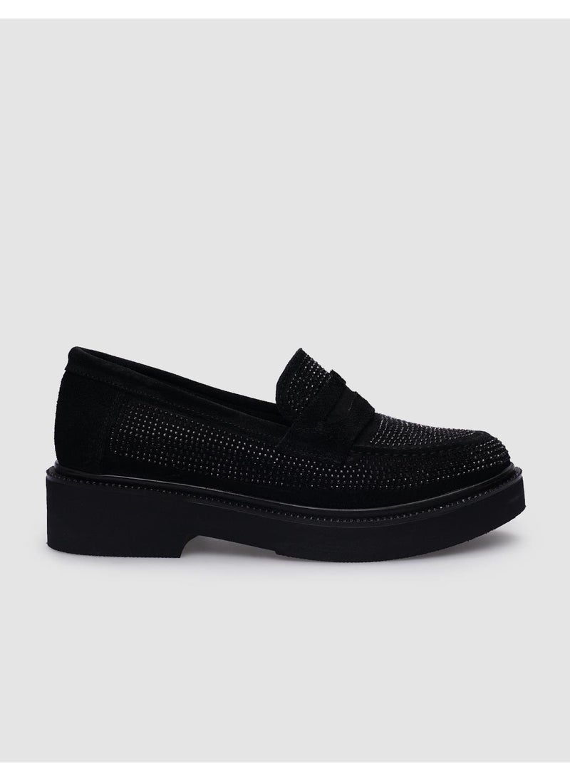 Leather Black Suede Stone Detailed Women's Shoes