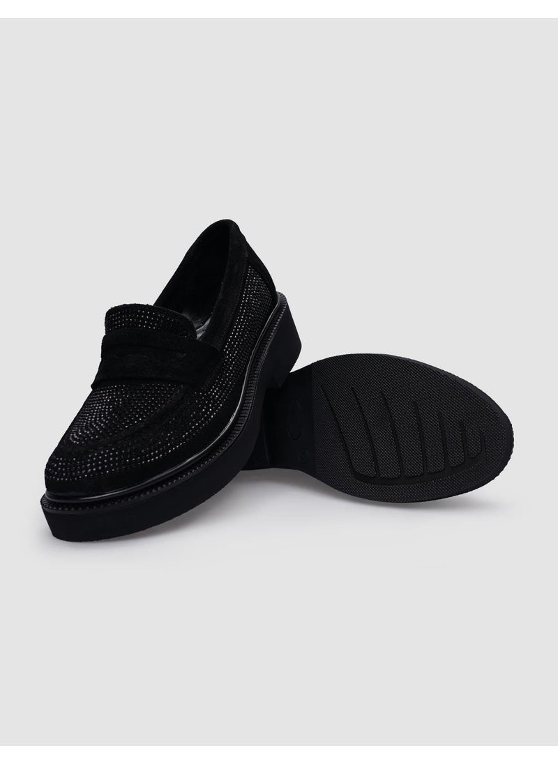 Leather Black Suede Stone Detailed Women's Shoes