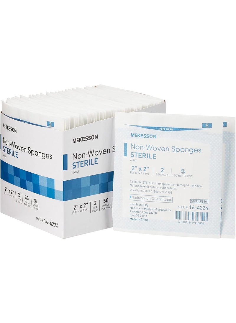 McKesson Non-Woven Sponges, Sterile, 4-Ply, Polyester/Rayon, 2 in x 2 in, 2 per Pack, 50 Packs, 100 Total