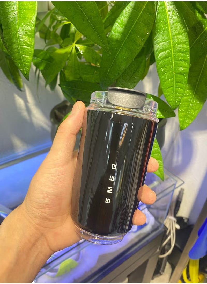 Smeg Travel Coffee Mug, 320ml Insulated Beverage Cup With Leakproof Lid, Long Lasting Coffee Tumbler With Lid And Straw, Travel Coffee Thermos （Black）