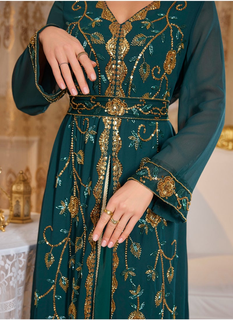 Moroccan Kaftan Abaya Golden Lace Dress Embroidered Islamic Ramadan Eid Dress Sequin Dress