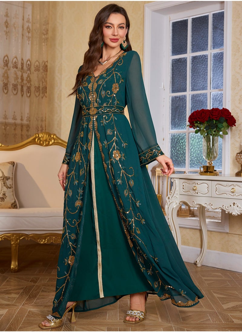 Moroccan Kaftan Abaya Golden Lace Dress Embroidered Islamic Ramadan Eid Dress Sequin Dress