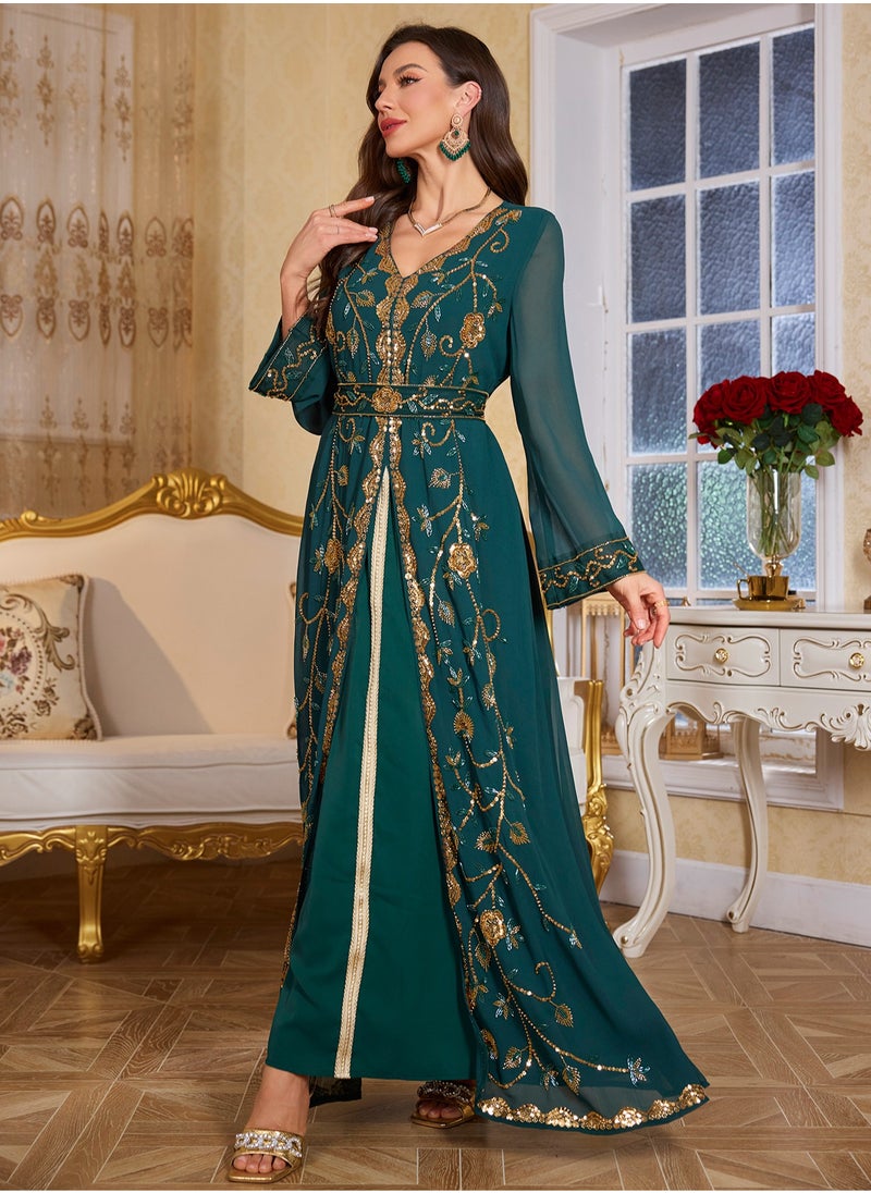 Moroccan Kaftan Abaya Golden Lace Dress Embroidered Islamic Ramadan Eid Dress Sequin Dress