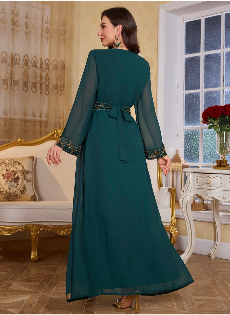 Moroccan Kaftan Abaya Golden Lace Dress Embroidered Islamic Ramadan Eid Dress Sequin Dress