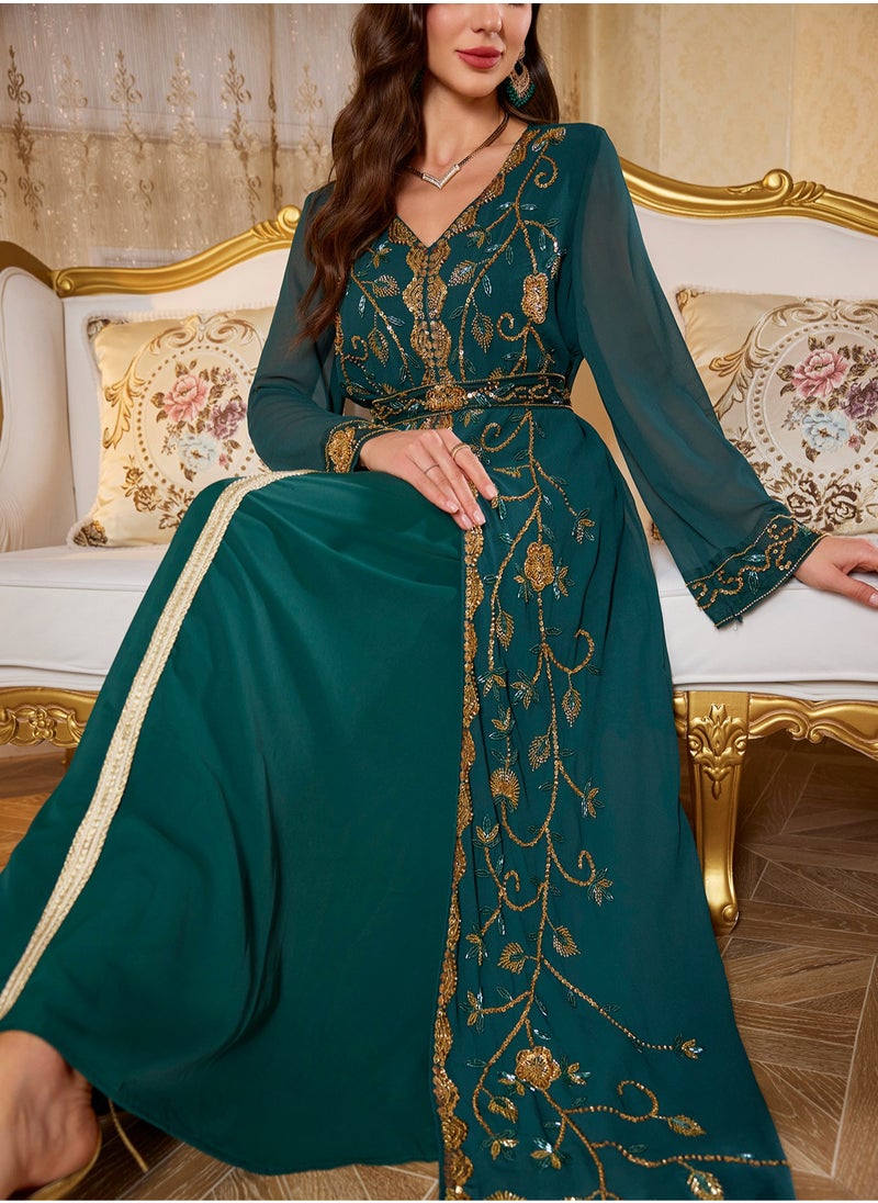 Moroccan Kaftan Abaya Golden Lace Dress Embroidered Islamic Ramadan Eid Dress Sequin Dress