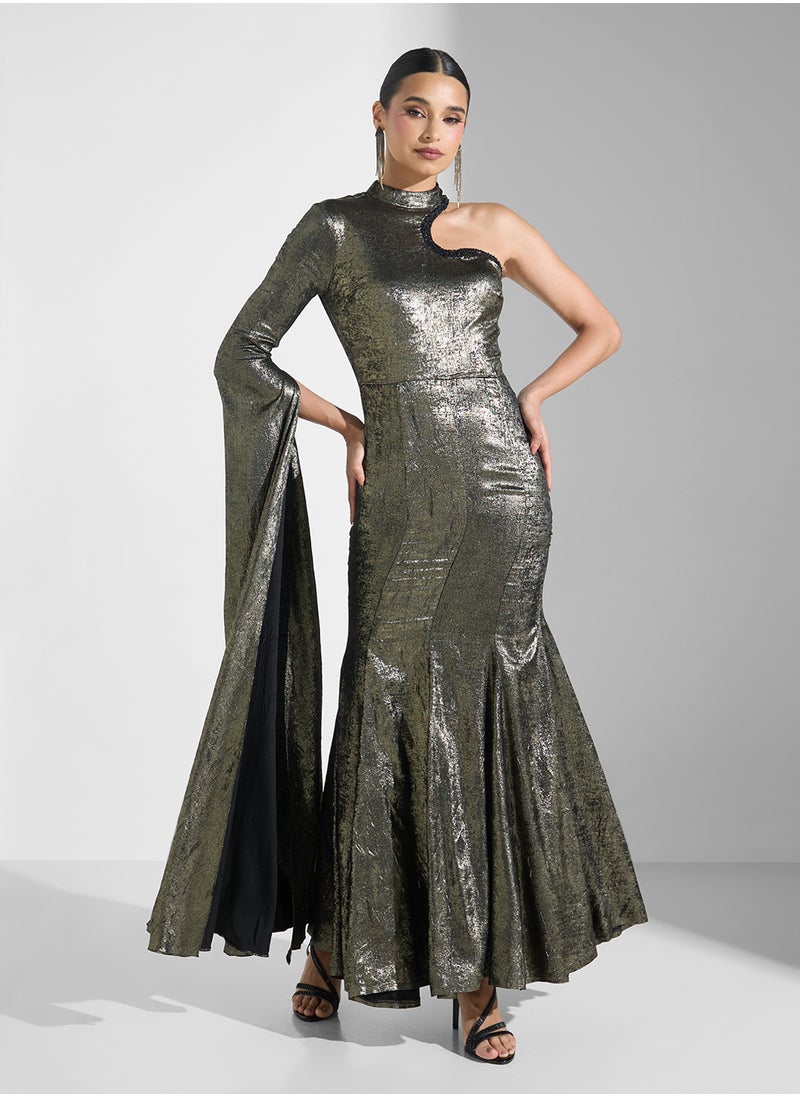 One Shoulder Cape Metallic Dress