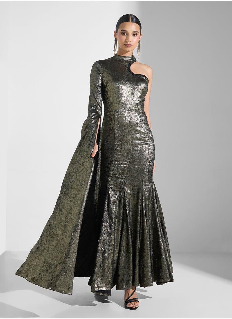 One Shoulder Cape Metallic Dress
