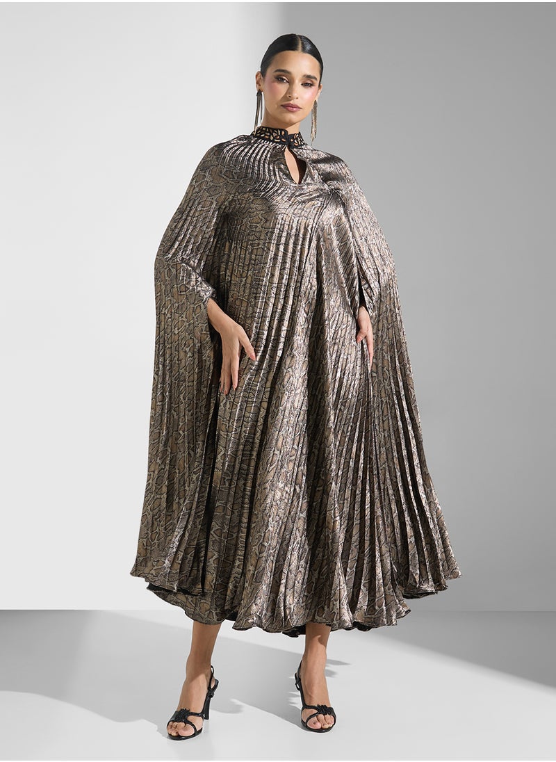Embellished Pleated Cape Dress