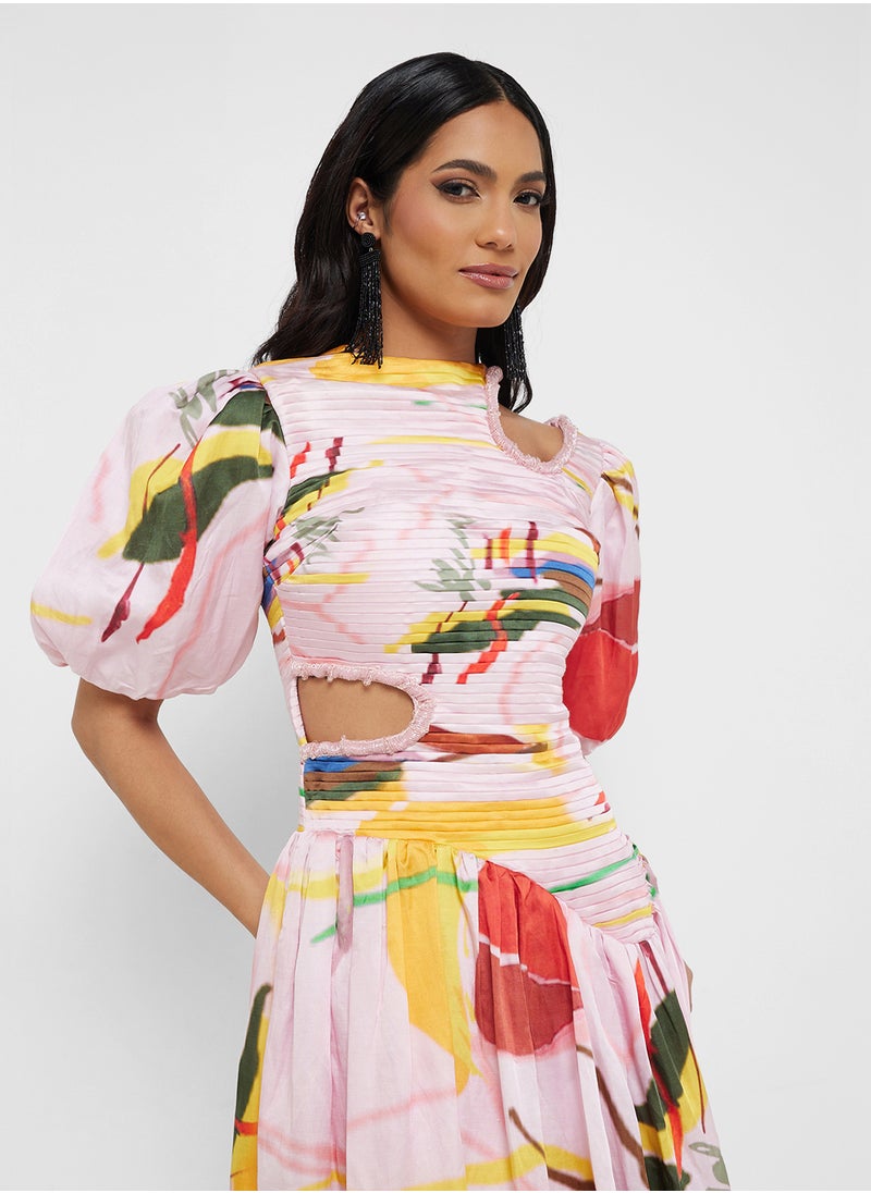Balloon Sleeve Printed Cutout Dress