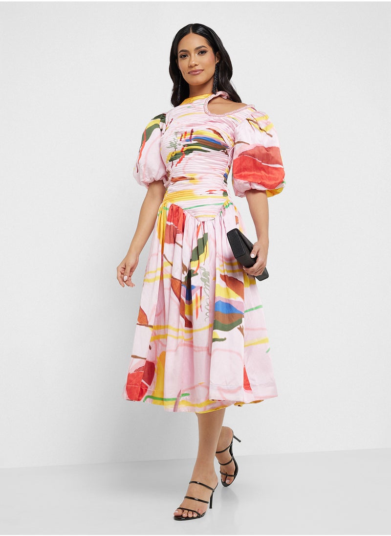 Balloon Sleeve Printed Cutout Dress
