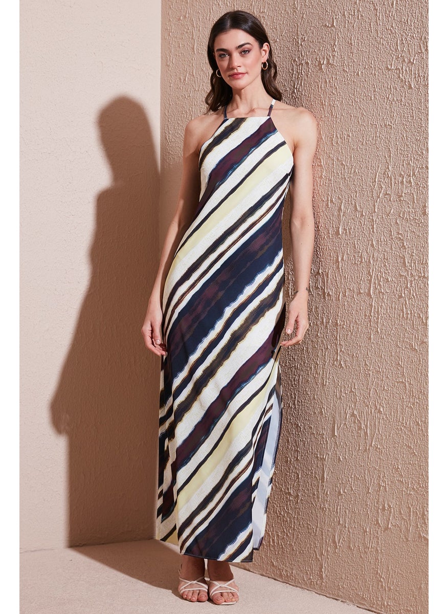 Batik Patterned Relaxed Fit Halter Neck Slit Long Dress Women's Dress 67810556