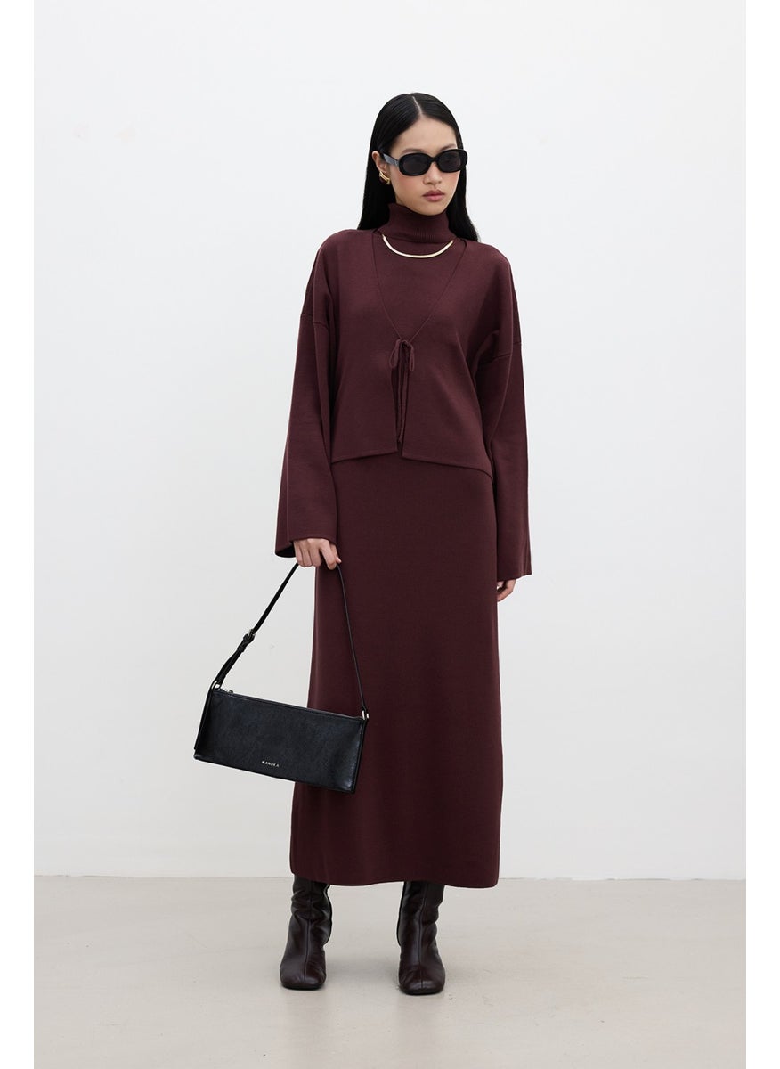 Sleeveless High Neck Knit Dress Burgundy