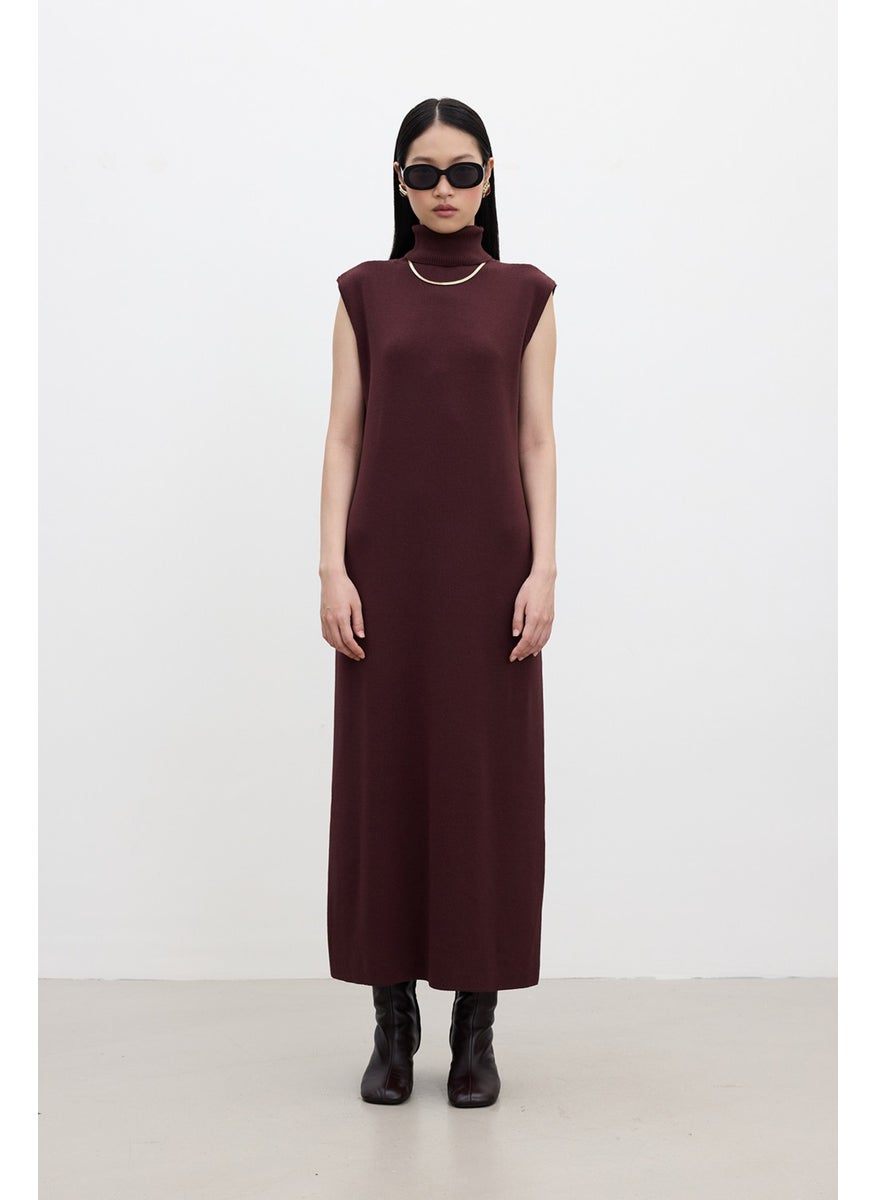 Sleeveless High Neck Knit Dress Burgundy