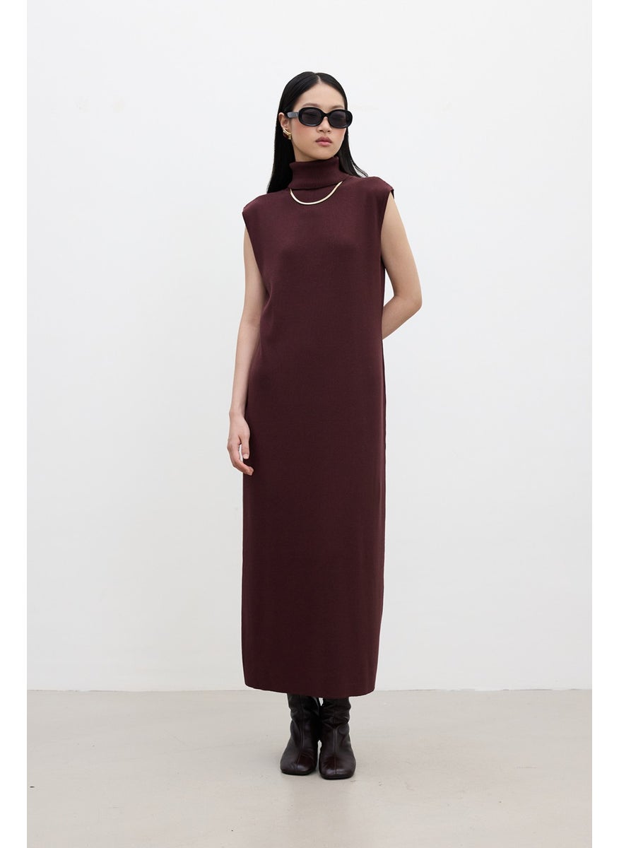 Sleeveless High Neck Knit Dress Burgundy