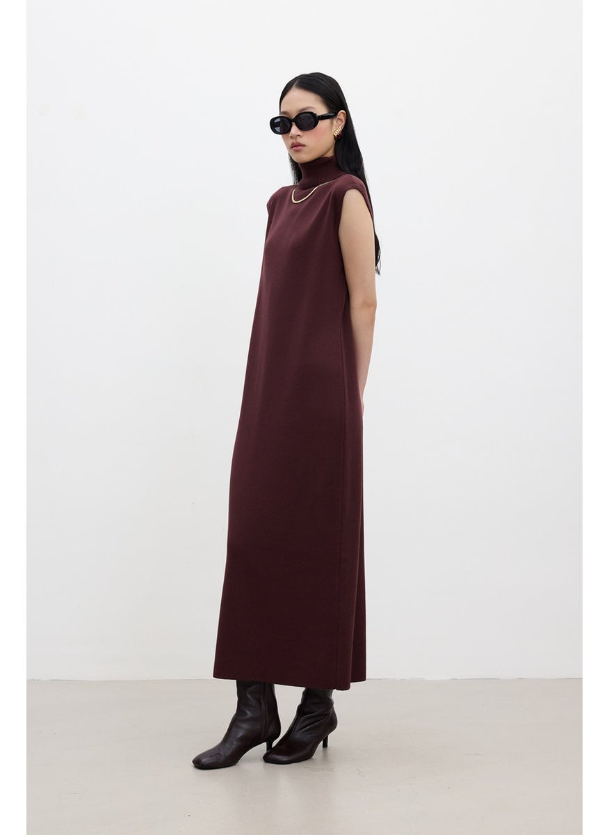 Sleeveless High Neck Knit Dress Burgundy