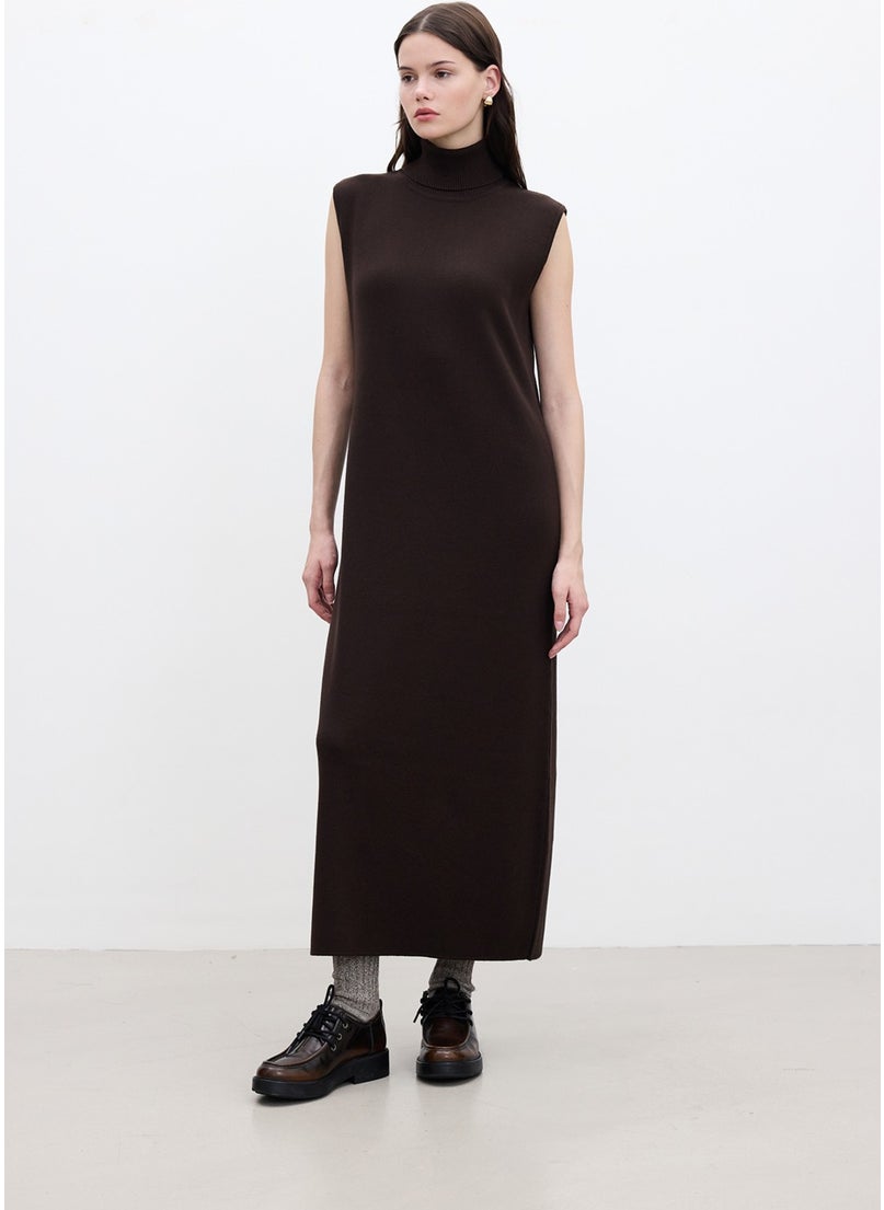 Sleeveless High Neck Knit Dress Brown