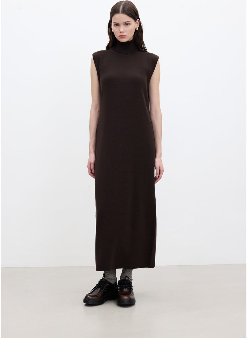 Sleeveless High Neck Knit Dress Brown