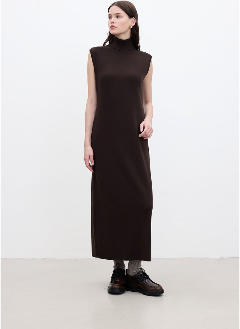 Sleeveless High Neck Knit Dress Brown