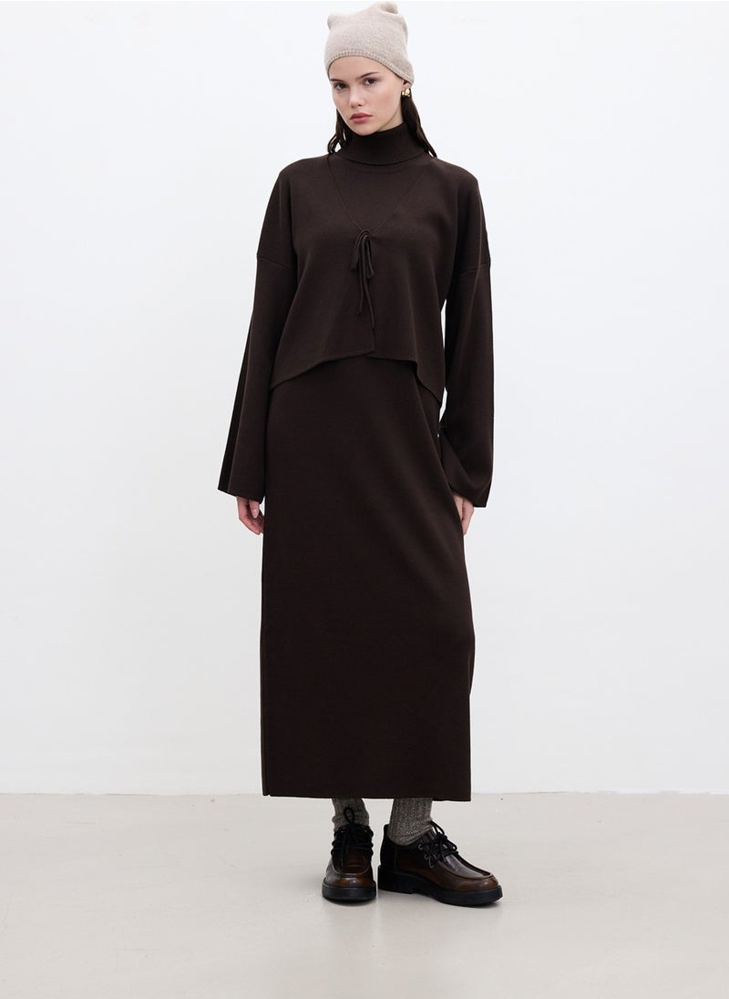 Sleeveless High Neck Knit Dress Brown