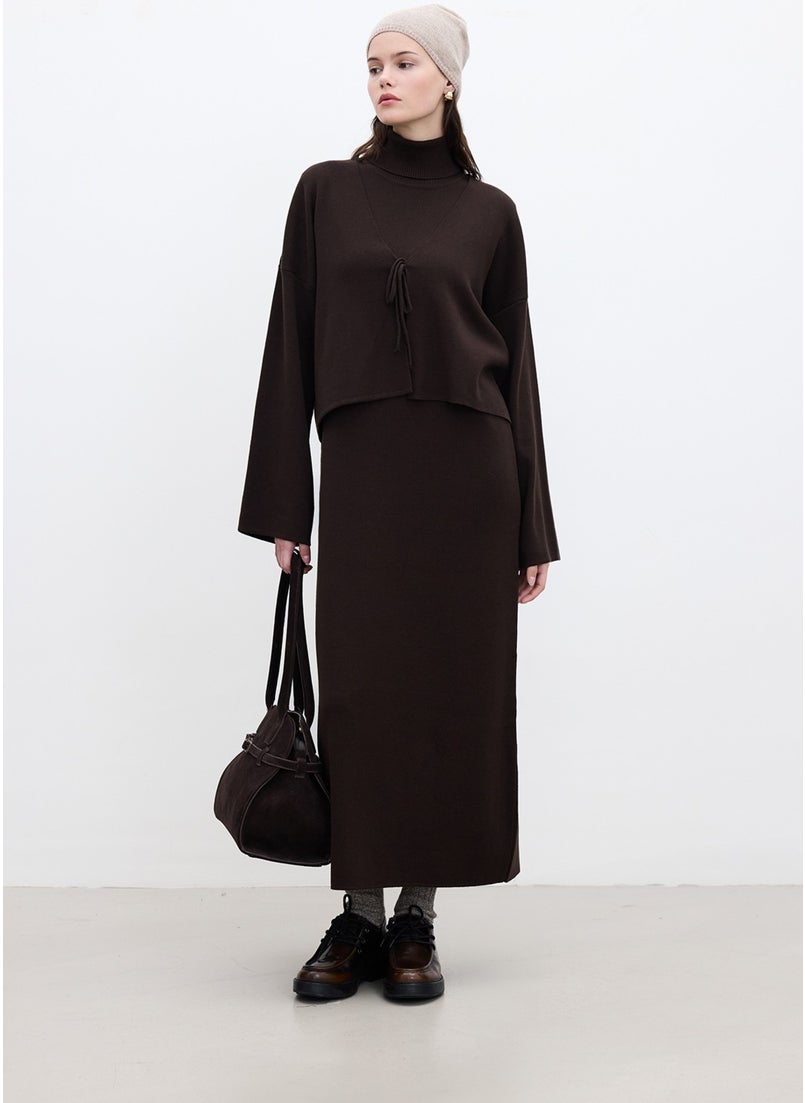 Sleeveless High Neck Knit Dress Brown
