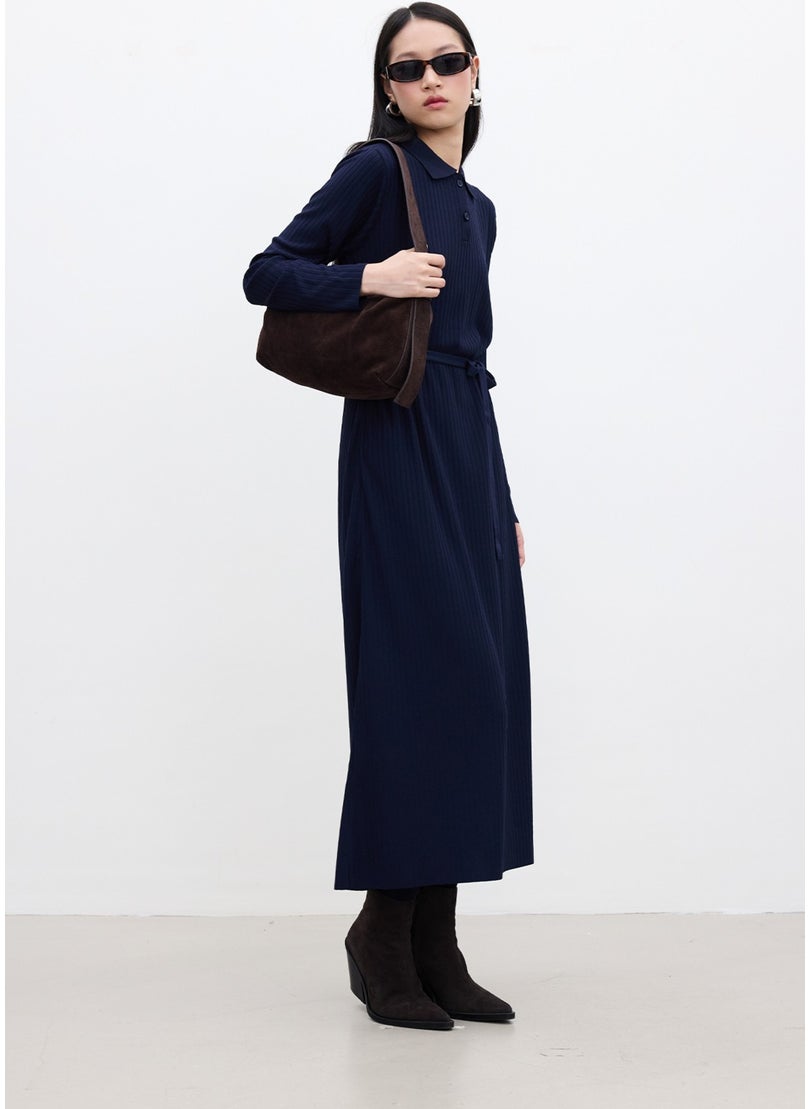 Collared Knit Dress Navy Blue