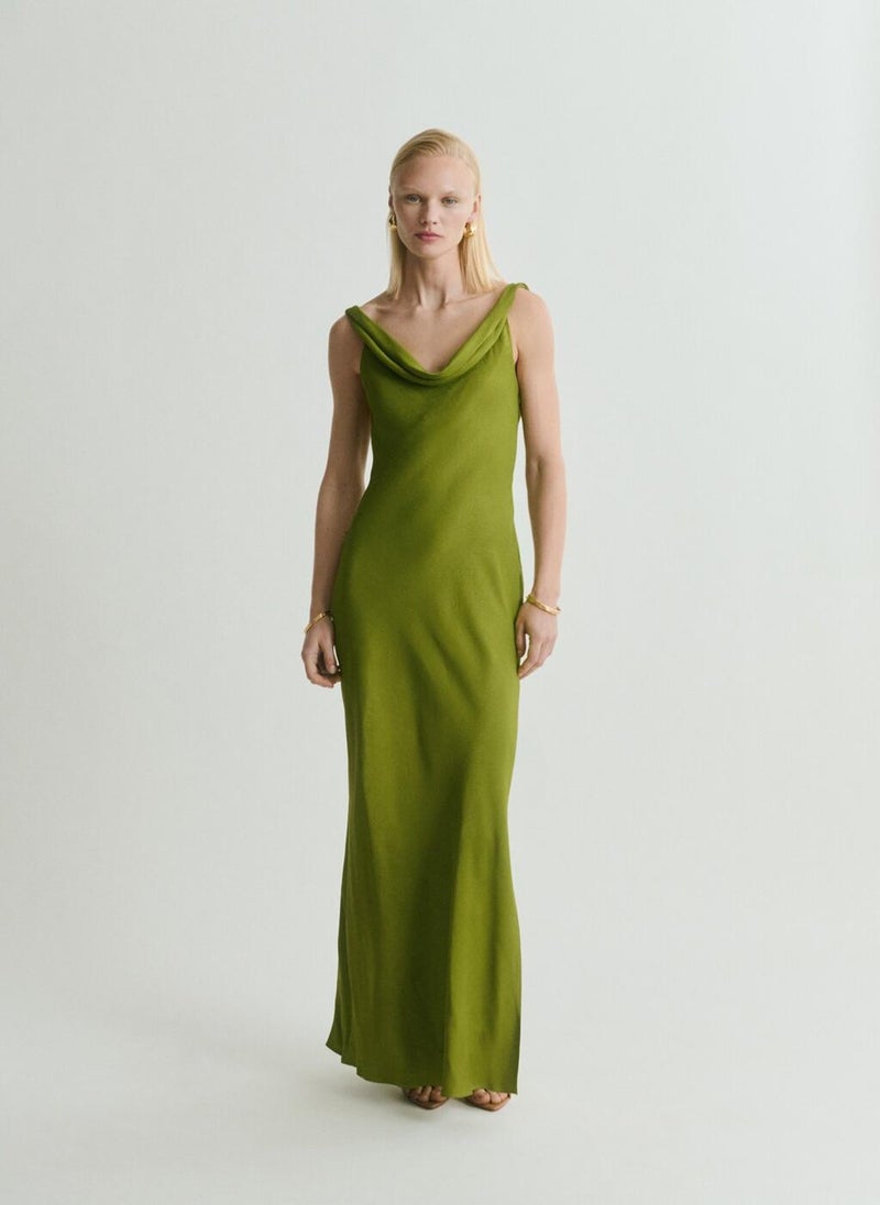 Draped Neck Satin Texture Dress