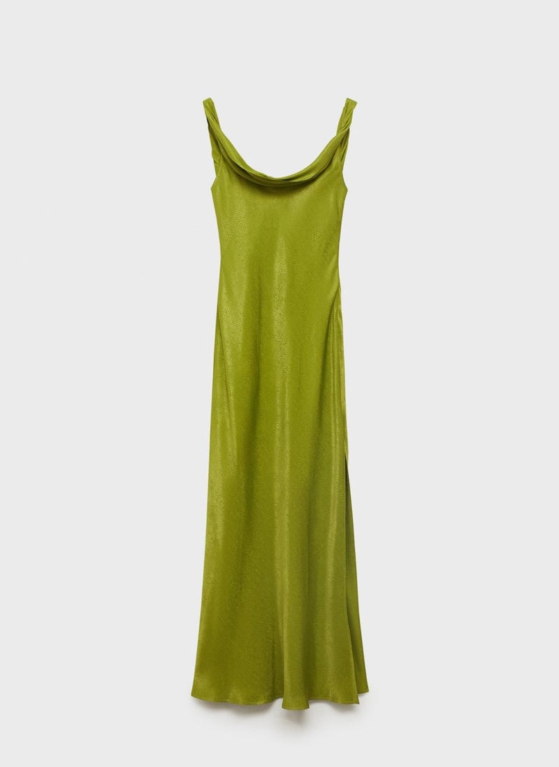 Draped Neck Satin Texture Dress