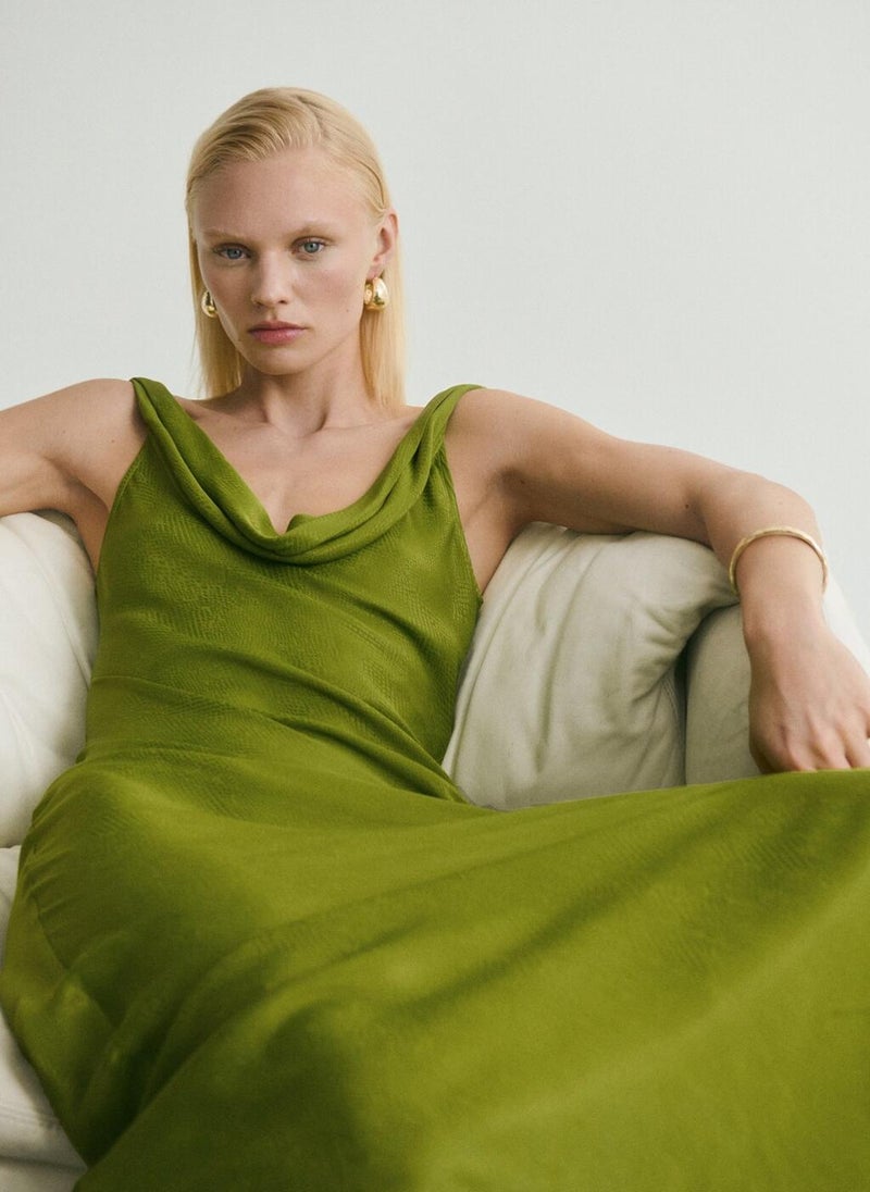 Draped Neck Satin Texture Dress
