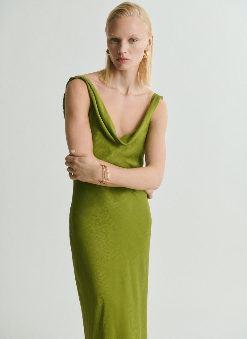 Draped Neck Satin Texture Dress