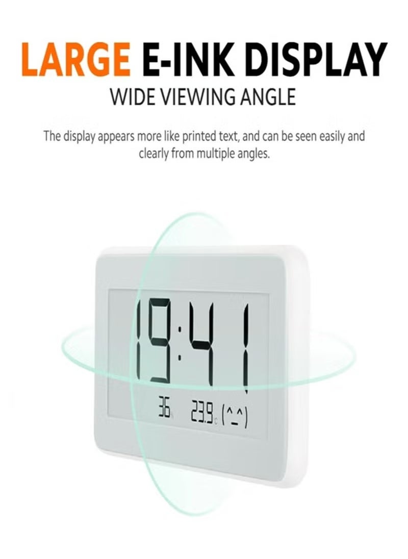 Smart Temperature and Humidity Monitor Clock Advanced E-Link Display for Crystal-Clear Readability, Compact and Stylish Design in White, Long-Lasting Battery Life, Real-Time Temperature and Humidity Tracking for Home Comfort- White