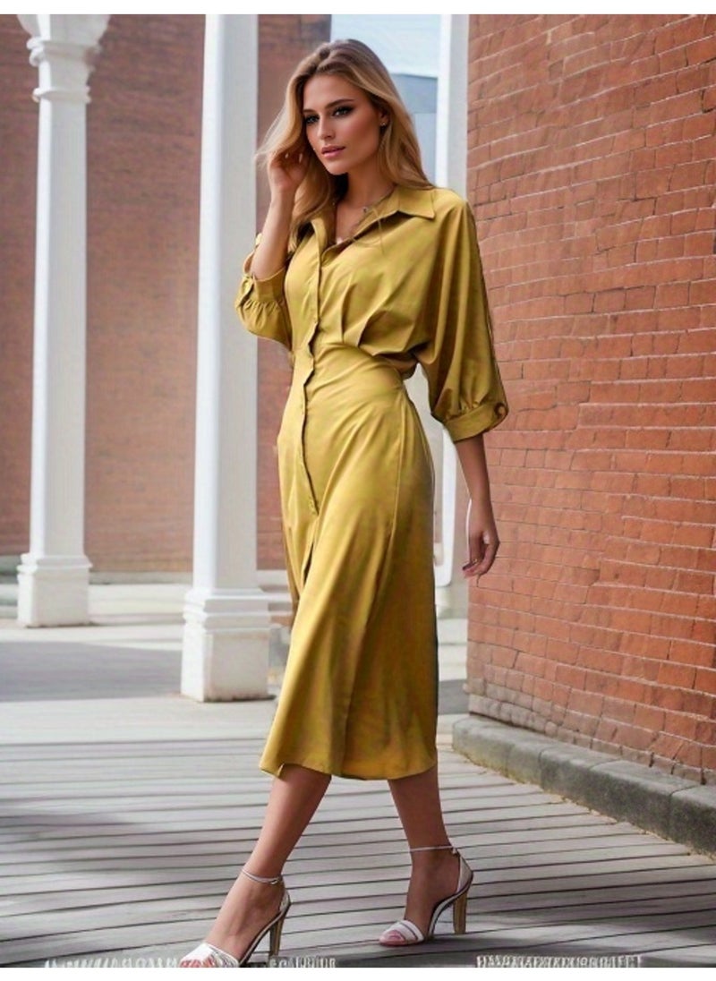 Lapel Fashion Waist Fashion Button Slit Mid Sleeve Dress