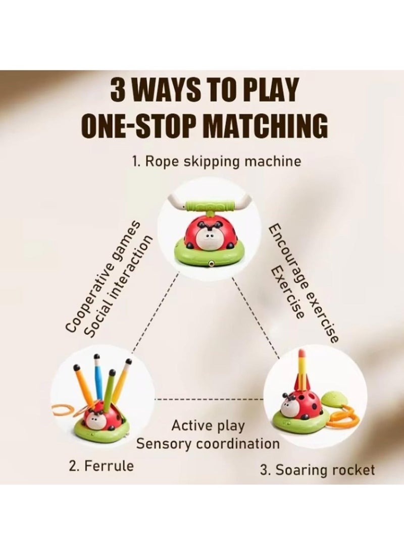 3-in-1 Musical Jump Game, Ring Toss, and Rocket Launcher – Remote Control Speed Adjustment, Indoor & Outdoor Fun, Safe & Durable Ladybird-Themed Toy for Kids Ages 3-12