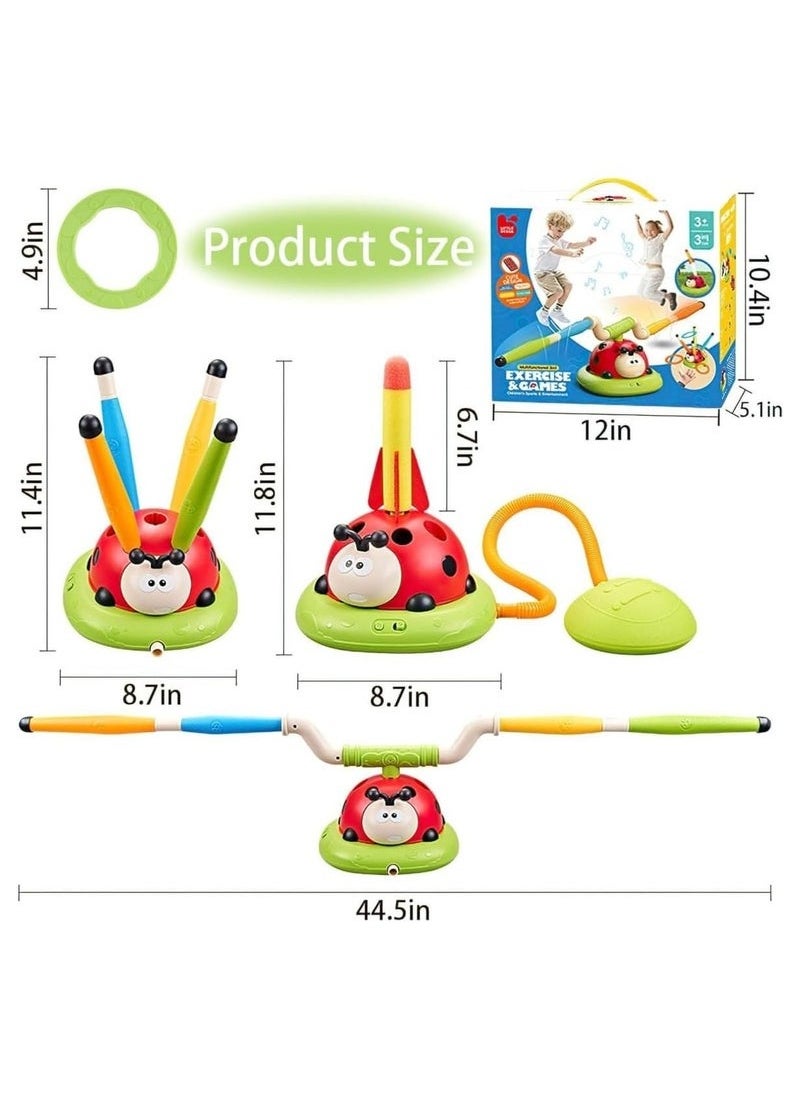 3-in-1 Musical Jump Game, Ring Toss, and Rocket Launcher – Remote Control Speed Adjustment, Indoor & Outdoor Fun, Safe & Durable Ladybird-Themed Toy for Kids Ages 3-12