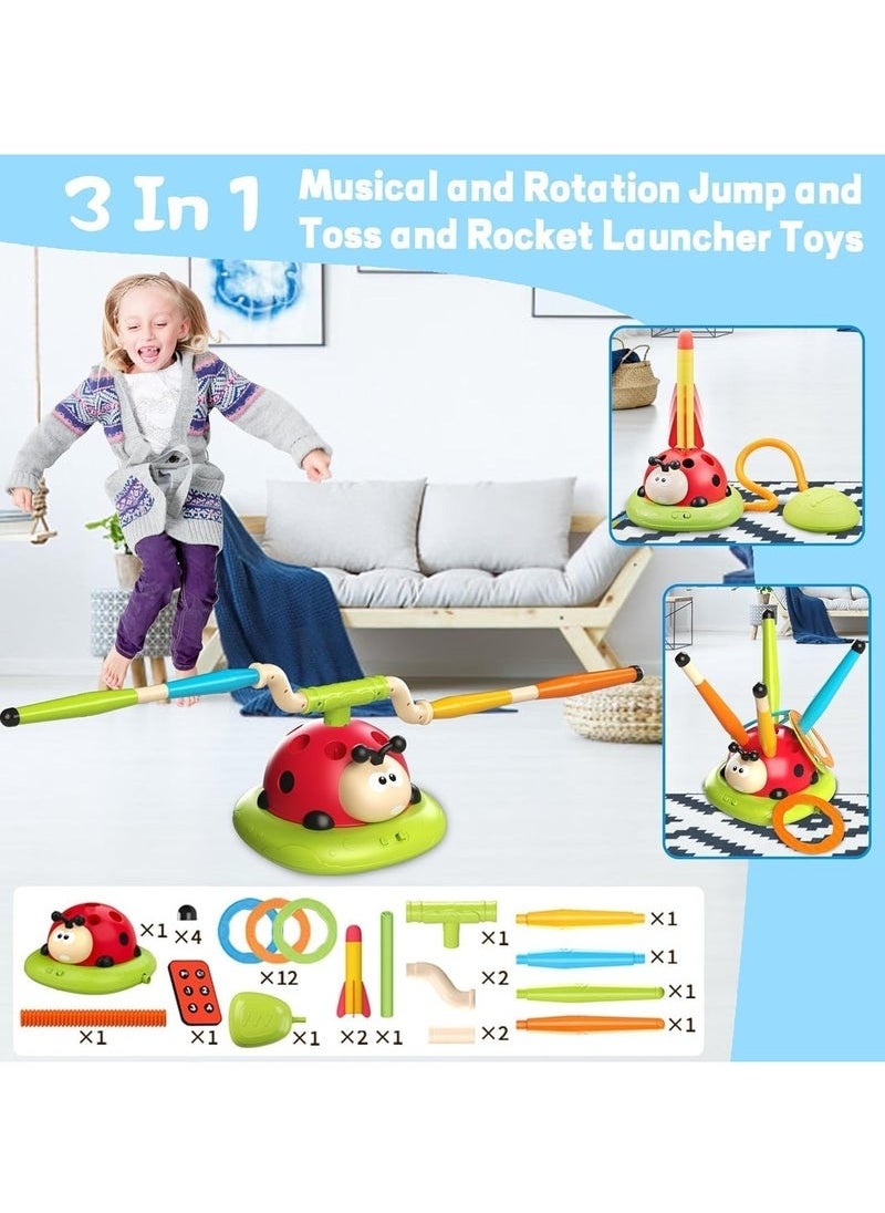 3-in-1 Musical Jump Game, Ring Toss, and Rocket Launcher – Remote Control Speed Adjustment, Indoor & Outdoor Fun, Safe & Durable Ladybird-Themed Toy for Kids Ages 3-12