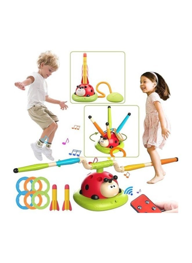 3-in-1 Musical Jump Game, Ring Toss, and Rocket Launcher – Remote Control Speed Adjustment, Indoor & Outdoor Fun, Safe & Durable Ladybird-Themed Toy for Kids Ages 3-12