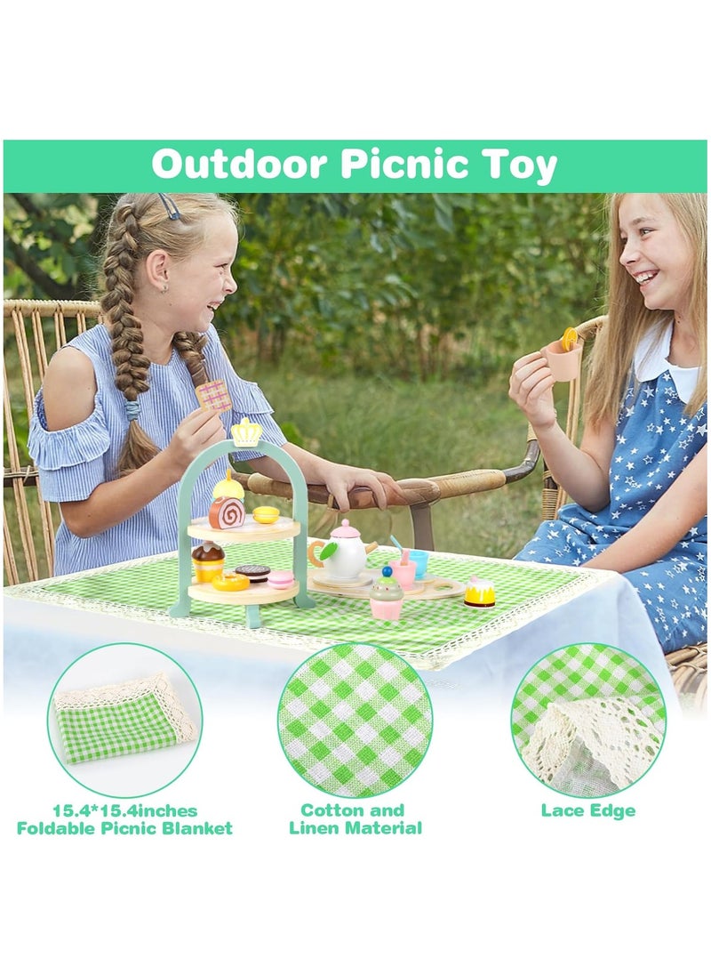Tea Party Set, 2 Year Old Girl Birthday Gift, Tea Sets for Toddlers 3-5, Tea Set for Little Girls 1-3 with Picnic Mat & Cupcake Stand & Play Kitchen Accessories, Wooden Toys Birthday Kids Girls Gifts