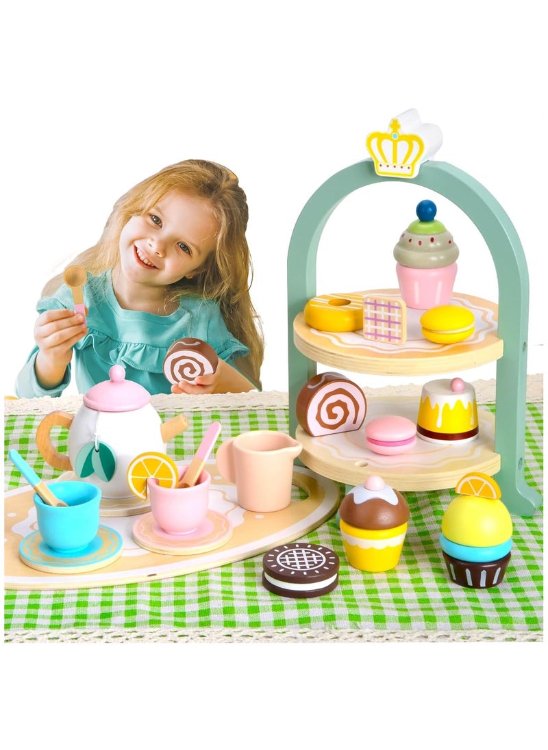 Tea Party Set, 2 Year Old Girl Birthday Gift, Tea Sets for Toddlers 3-5, Tea Set for Little Girls 1-3 with Picnic Mat & Cupcake Stand & Play Kitchen Accessories, Wooden Toys Birthday Kids Girls Gifts