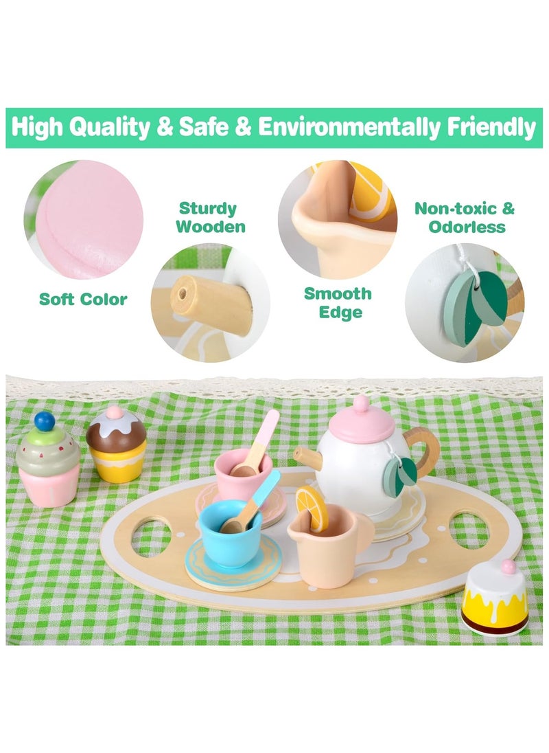 Tea Party Set, 2 Year Old Girl Birthday Gift, Tea Sets for Toddlers 3-5, Tea Set for Little Girls 1-3 with Picnic Mat & Cupcake Stand & Play Kitchen Accessories, Wooden Toys Birthday Kids Girls Gifts