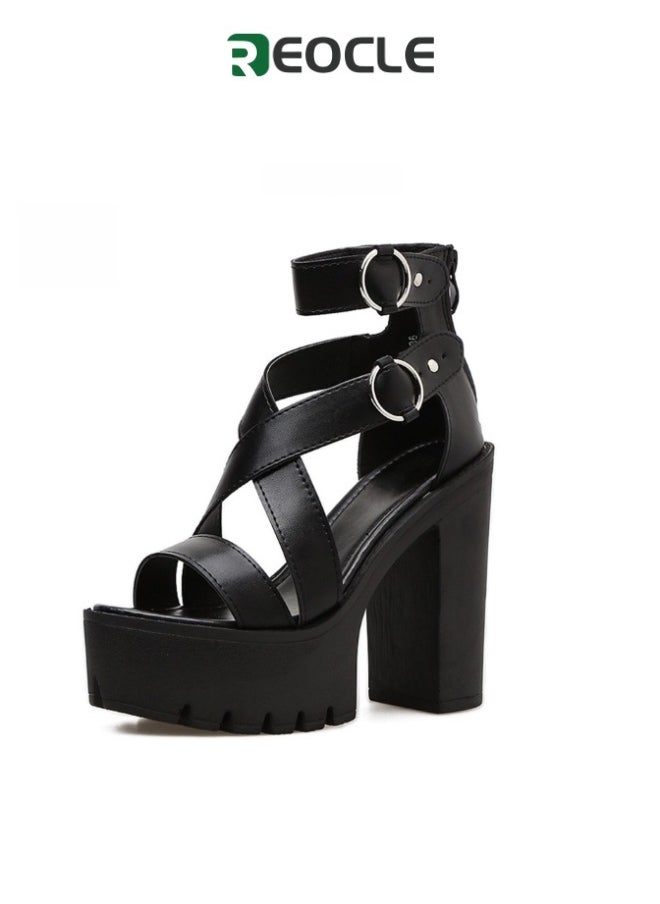 Women's Thick-soled Sandals Black High-heeled Shoes Summer New Super High-heeled Cross-strap Open-toe Sandals Thick-soled Hollow Women's Shoes