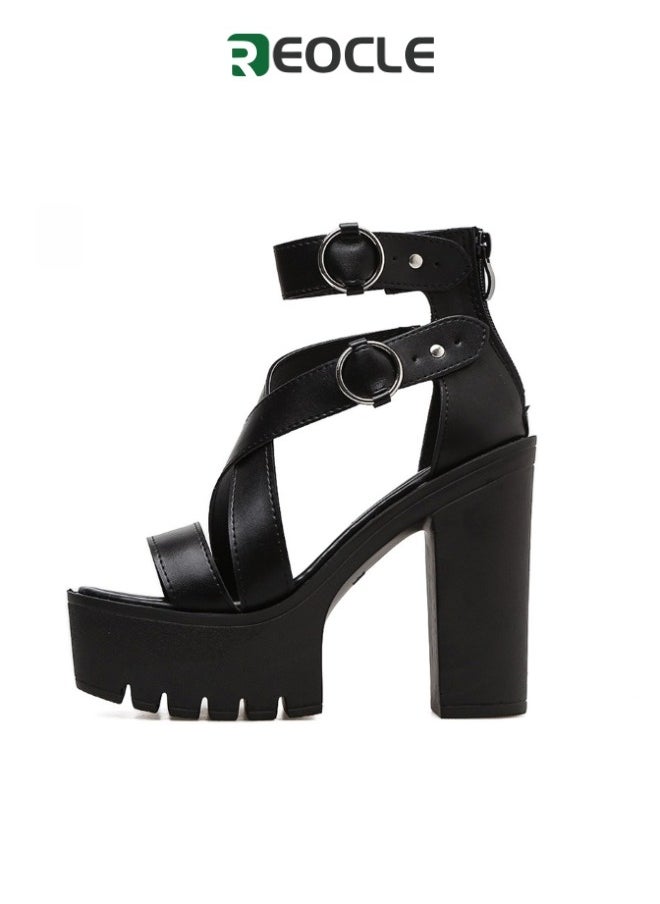 Women's Thick-soled Sandals Black High-heeled Shoes Summer New Super High-heeled Cross-strap Open-toe Sandals Thick-soled Hollow Women's Shoes