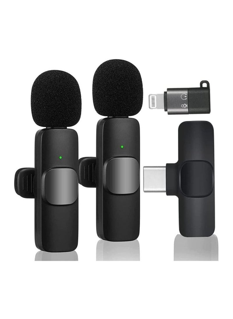 Wireless Lavalier Microphone for Type-C Android & iPhone – 2 Pack Plug & Play Mics with Lightning Adapter, Charging Support, Noise Reduction, Auto Sync, Mute Function – Dual Wireless Mic Set for Video, Interview, Vlog
